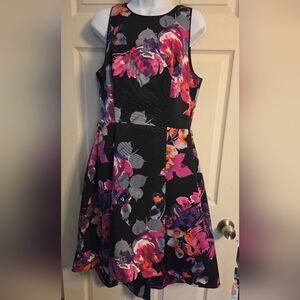 Vince Camuto black floral print pleated high-low midi dress Size 10